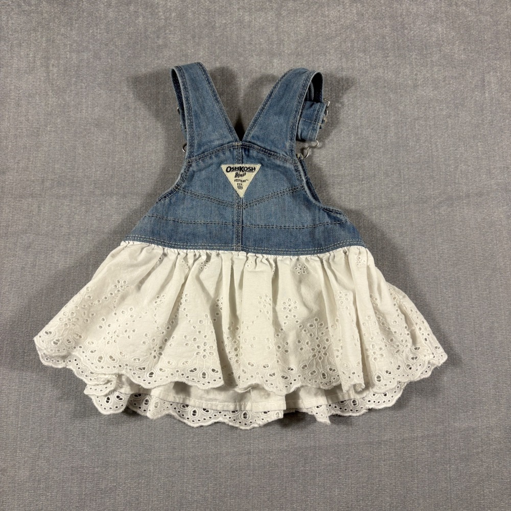 OshKosh Bgosh Baby Girl Denim Eyelet Jumper Dress Blue White 6M